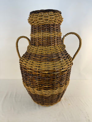Vtg 1970s Woven Wicker Rattan Floor Vase 30” Tall Double Handle Amphora Urn Boho