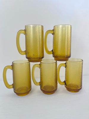 VTG 70s Yellow Amber Glass Beer Mug Harvest Gold Ripple Pebble Texture Set of 5