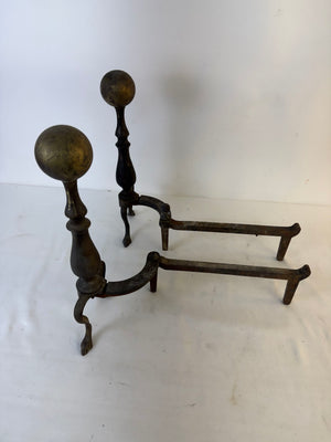As-Is Vintage Brass & Iron Fireplace Andirons Pair BA-10-16 - Broken Finial