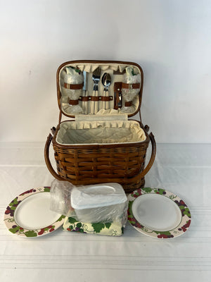 Vintage Picnic Time Basket Folding Handles with Tablecloth, Silverware Etc. Set