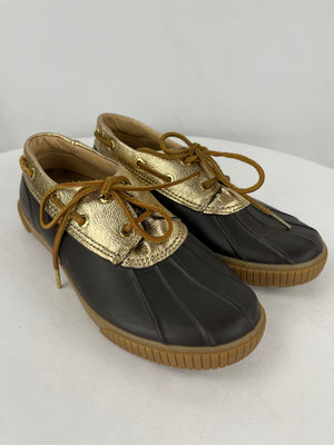 Michael Kors Gold & Brown Rubber Lace Up Waterproof Duck Boots Shoes Size 8