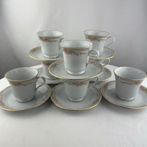 Fairfield Symphony Fine China Teacups & Saucers Set of 8 Pink Floral Gold Trim