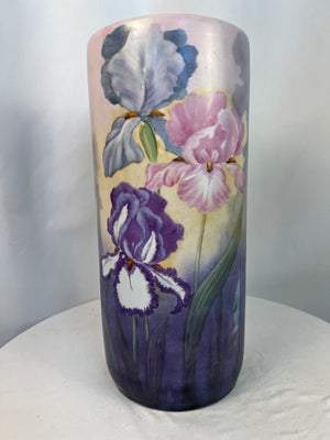 Vintage Blue Pink And White Porcelain Umbrella Stand 18" Floral Irises