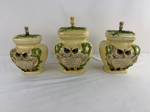 Vintage 1970s Ceramic Owl Canister Set Speckled Yellow Green 3pc Lot MD 1979