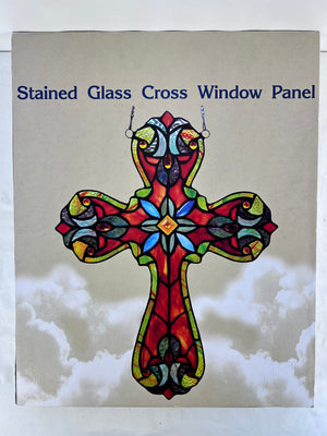 Stained Glass Cross Window Panel Suncatcher Tiffany Style Religious