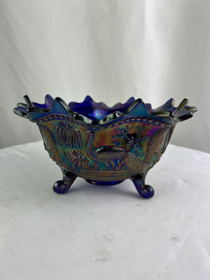Rare Electric Blue Northwood Carnival Glass Peacock at the Fountain Fruit Bowl