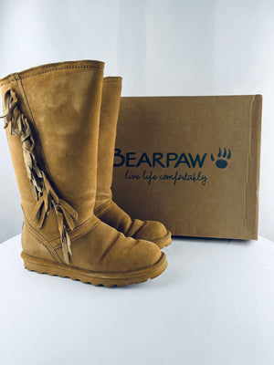 Bearpaw Tamara Iced Coffee Mid Calf Wool Lined Suede Fringe Boots Women's 8