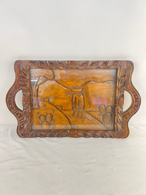 Vintage Hand Carved Wood Serving Tray Glass Inset Mexican Desert Peasant 22"