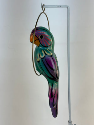Vintage Mexican Folk Art Ceramic Hanging Parrot On Ring Perch Bird 10" Painted