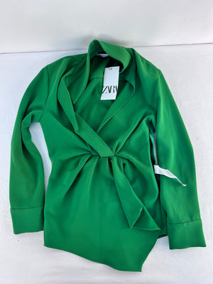 Zara Green Ruffled Front Asymmetrical Long Sleeve Shirt Women's Small NWT