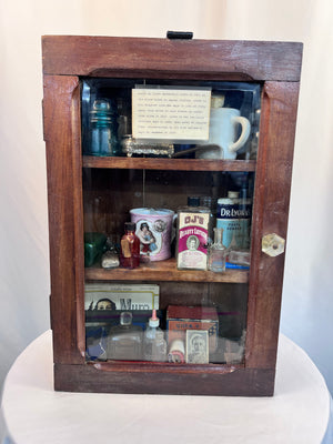 1925 Antique Wood Medicine Cabinet Provenance OJ's Beauty Lotion Lyon Bottle Lot
