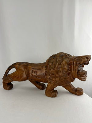 Vintage Hand Carved Wooden Lion Statue 20" Long Rustic