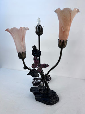 Vtg Dale Tiffany Style Tulip Lamp Pink Glass Shaded Butterfly ( 1 Shade Missing)