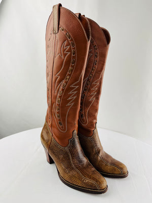 Vintage Reynolds Shoes Brown Leather Embroidered Western Boots Women's 4.5/5