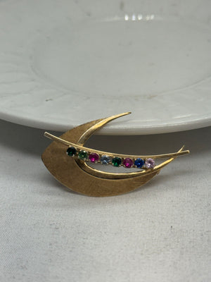 14K Yellow Gold Spinel and Topaz Brooch 6.4g Retro-Era Curved Swoop Pin Vintage