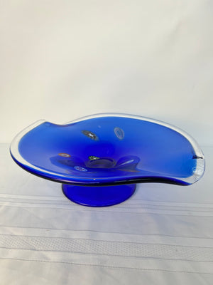 Vintage Cobalt Blue Millefiori Console Bowl Art Glass 15" x 12.5"