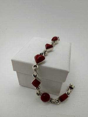 Taxco Mexico 925 Sterling Silver Red Jasper Bracelet 23.2g Heart Diamond 7.5 in.