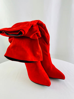 GC Shoes Red Suede Stiletto Ruched Knee Hi Boots Size 8.5 NIB