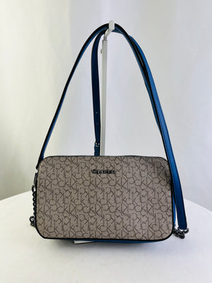 Calvin Klein Monogram Crossbody Bag in Beige Coated Canvas Blue Leather Trim