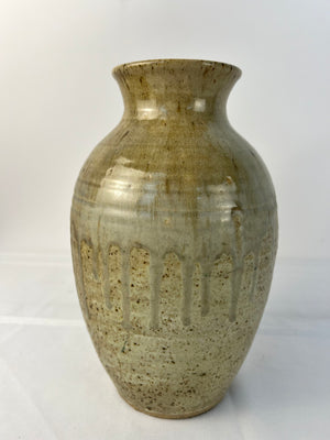 Vintage Morgan Studio Pottery Stoneware Vase Mottled Glaze Green Signed 6" Dia