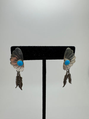Running Bear 925 Sterling Silver Turquoise Earrings 5.5g Feather Dangle 48mm