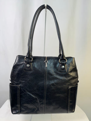 VTG Fossil 75082 Black Leather Tote Handbag Shoulder Bag Key Charm Y2K