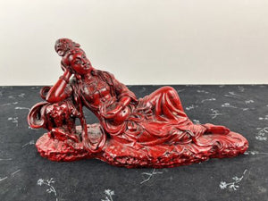 12" Reclining Sleep Kwan-yin Guanyin Guan Quan Yin Goddess Lotus Red Resin