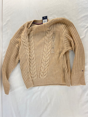 Tommy Hilfiger Womens Small Beige Cable Knit Bobbi Sweater NWT $79.50 J5XS0749