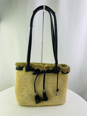Brighton Woven Straw Shoulder Bag Black Leather Trim Tassel Charm Tote Hobo