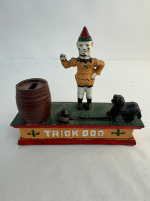 Vintage Trick Dog Mechanical Coin Bank Cast Iron Novelty Toy Clown & Barrel