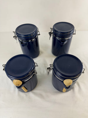 Gibson Everyday Cobalt Blue Ceramic Canister Set of 4 Locking Jars (2 Spoons)