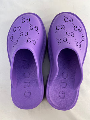 Gucci Rubber GG Platform Clogs Mules Purple Perforated Slip On Shoes 40 US 10