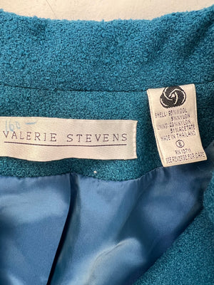 Valerie Stevens Teal Blue Boucle Wool Blend Blazer Jacket Gold Button Sz 6 Small