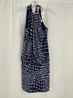Cache Mini Dress With Gold High Neck Navy & White Women's Size 4 NWT