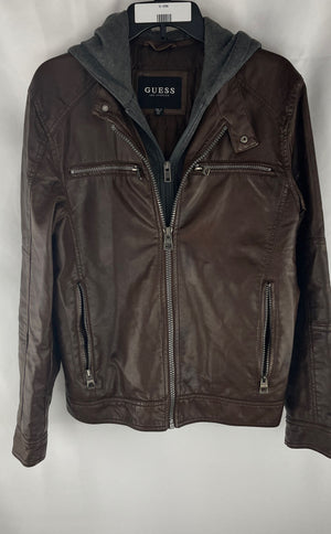 Guess Women's Brown Faux Leather Lined Jacket W/Removable Hoodie Size XS NWOT