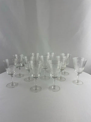 Vintage Etched Rose Print Crystal Stemmed Cocktail Glass Set of 11