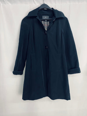 London Fog Long Black Button Down Hooded Coat Plaid Lining Women's Size Medium