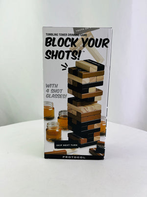 Protocol Block Your Shots Tumbling Tower Drinking Game with 4 Shot Glasses NIB