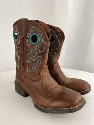 Justin Bowline Junior Western Leather Boots JK7522 Size 2D Chocolate/Turquoise