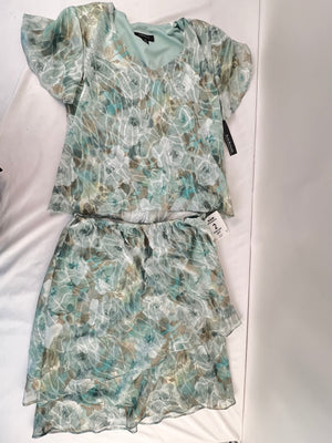 R&M Richards Women 16 2-Piece Skirt Set Top Sage Green Floral Metallic NWT