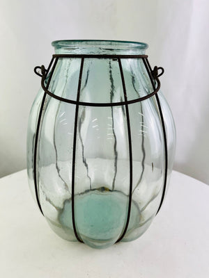 Vintage Caged Glass Ribbed Glass Jug Wrought Iron Swing Handle 12.5" Rustic