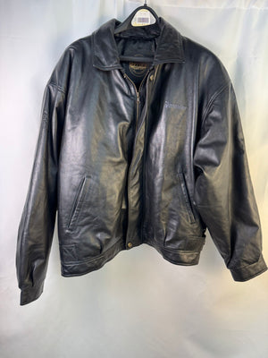 VTG Saxon Black Leather Bomber Jacket Full Zip Hawker Embroidered Coat Men's L
