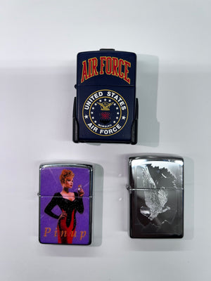 Lot of 3 Vintage Zippo Lighters: 1996 Joan Pin-Up COTY, USAF, Engraved Eagle