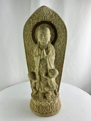 Japanese Buddha Statue Figure with 2 Children Hard Plaster Vintage 19" Tall