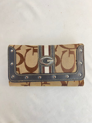 GUESS Vintage Canvas Jacquard G Logo Continental Trifold Wallet Brown Studded
