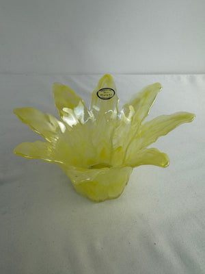 VTG Lavorazione Arte Murano Yellow Art Glass Lotus Flower Bowl Vase Italy MCM