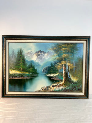 Vintage Original Oil Painting Landscape Mountain River Signed David Framed 24x36