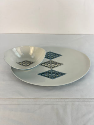 Ben Seibel Iroquois Blue Diamonds China Gravy Boat Bowl & Oval Serving Platter