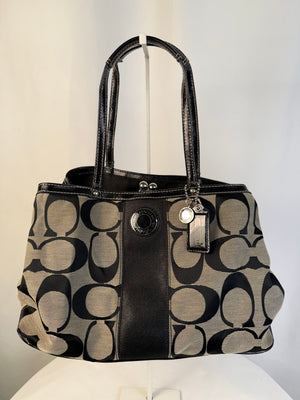 COACH F19190 Signature Stripe Carryall Satchel Bag Black Gray Canvas Kisslock