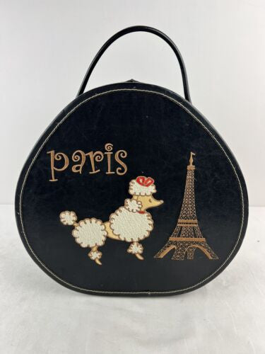 Paris Eiffel Tower Poodle Black Leather Embroider Hatbox Purse Bag Vintage